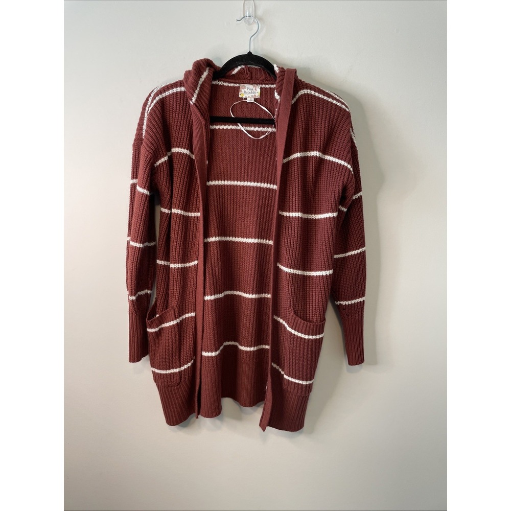 Pink Republic Size M Rust Striped Hooded Cardigan Sweater Pockets
